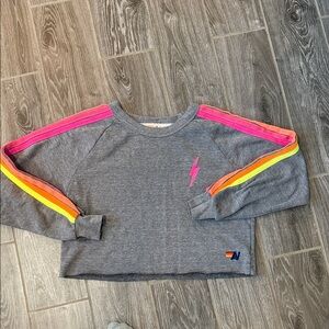 Aviator Nation cropped Gray Sweatshirt with neon Stripes size small